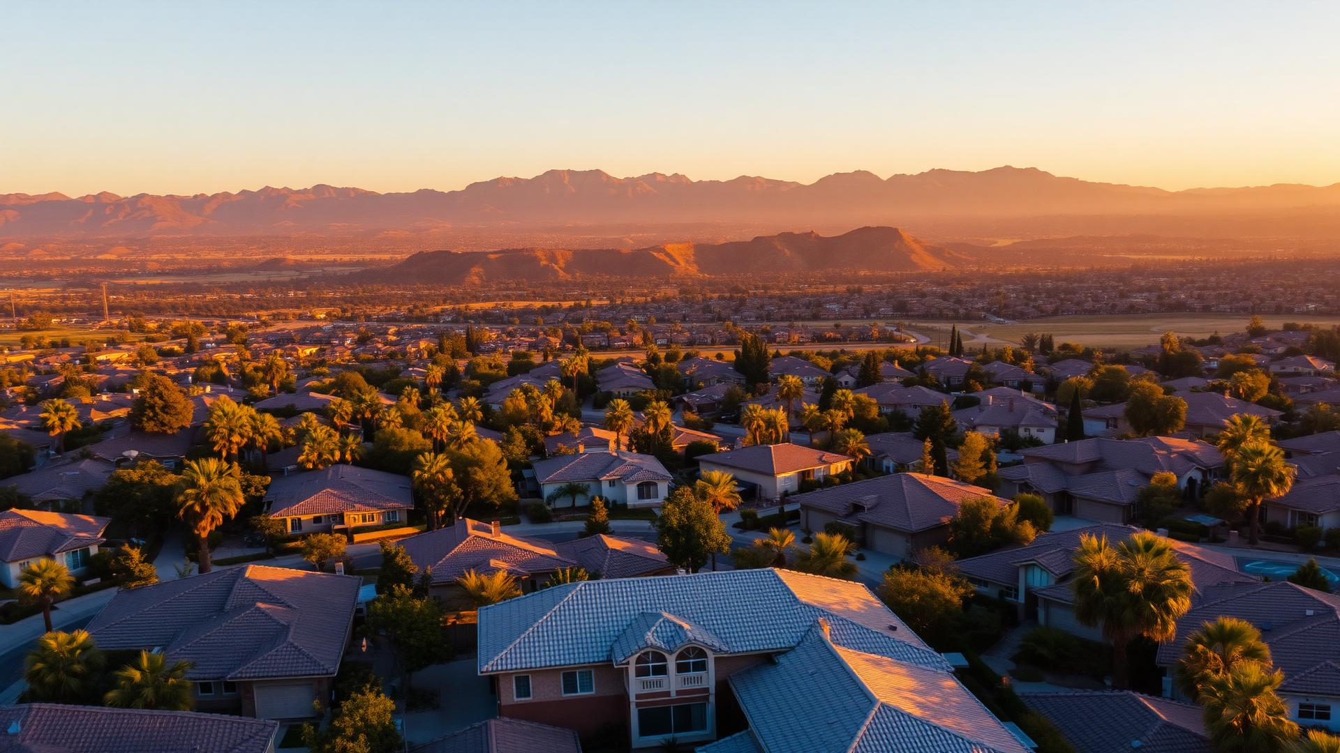 Aerial view of Corona California neighborhoods with Temescal Valley hills at sunset