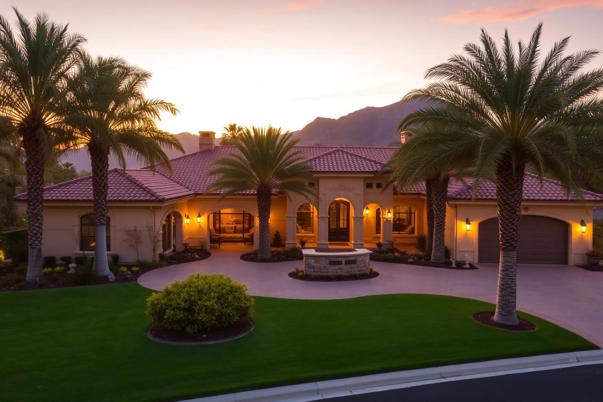 Luxury Corona California estate at sunset with palm trees and mountain backdrop