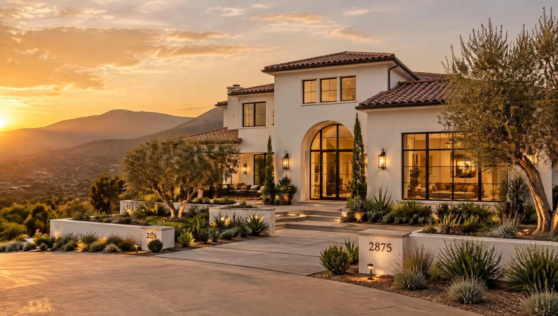 Illustrative Mediterranean-style Southern California home with mountain views